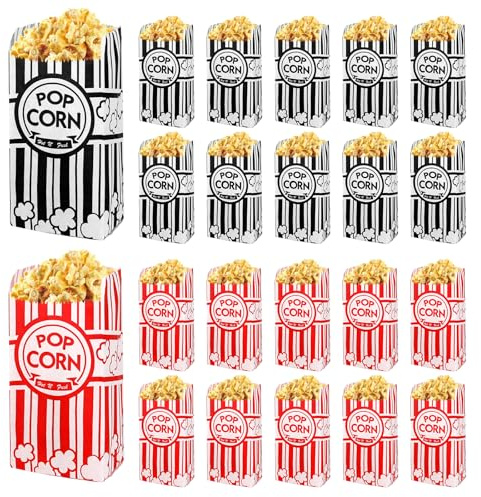 200pcs Bolsas para palomitas de maíz, 21*9*6cm bolsas palomitas papel con Revestimiento Resistente al Aceite, Clásica cajas palomitas Rayas para Cine Teatro Cumpleaños Fiestas Temáticas Noches de Cine