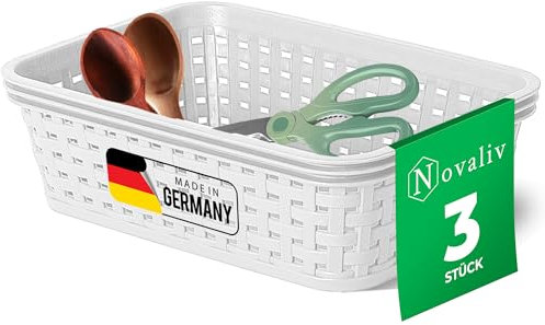 Novaliv 3er Set Lebensmittelechte Körbe Küche Aufbewahrung 1L Weiß Kunststoff Rattan-Optik Küche Aufbewahrung & Organisation BPA-Freie Lebensmittelaufbewahrungsbox für Teebeutel Snacks Gewürze