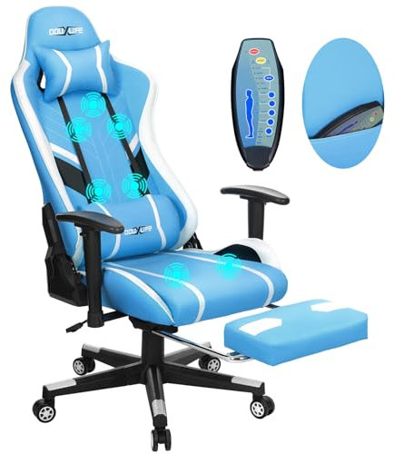 Douxlife Gaming Stuhl, mit 7 Punkt Massage, Fußstütze, Ergonomischer Bürostuhl, 90-175° Rückenlehne Einstellbar, Verstellbare 2D Armlehne, PC Gamer Stuhl Schreibtischstuh, 180KG, Blau Weiß