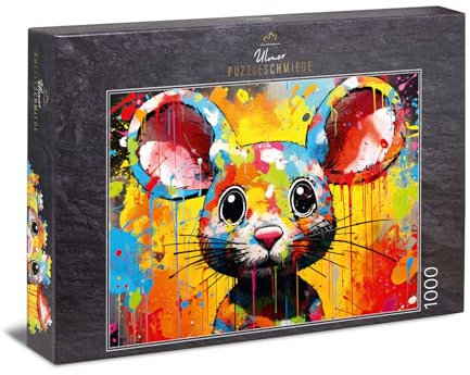 Ulmer Puzzleschmiede - 1000 Teile Puzzle Fräulein Maus - Die süße kleine Maus spitzt ihre Ohren - EIN lustiges Puzzle-Farben-Erlebnis mit Qualität Made in Germany