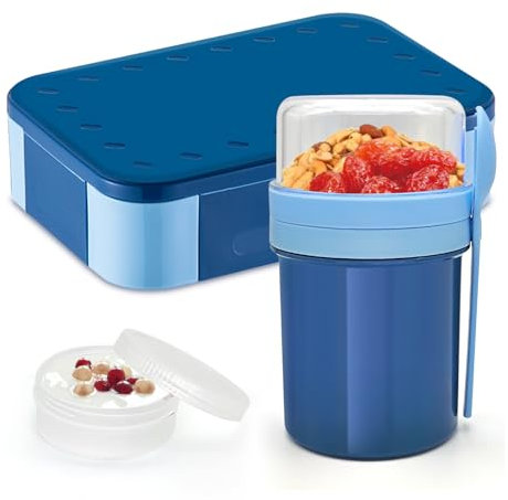 XJIANFU Brotdose Kinder mit Fächern,900ml Auslaufsichere Bento-Box und Müslibecher to Go 350ml+450ml,Auslaufsicherer Lunchbox und Müslibecher Set(1270+3545-Blue)