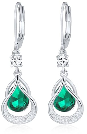 Dangle Earrings Trendy Leverback Birthstone Earrings 14K White Gold Teardrop Dangle Earrings Fine Jewelry Birthday Gifts for Women(Sliver May)