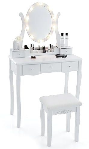 COSTWAY Toeletta con Luci LED Regolabile, 3 Modalità di Colore, Tavolo da Trucco con Specchio ad Angolo Regolabile, 5 Cassetti e Griglia di Stoccaggio, Set Tavolo da Trucco con Sedia, Bianco