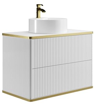 Vente-unique-Mueble de baÒo Flotante Estriado con Ribete Dorado y Lavabo Redondo - Blanco - 80 cm - KELIZA