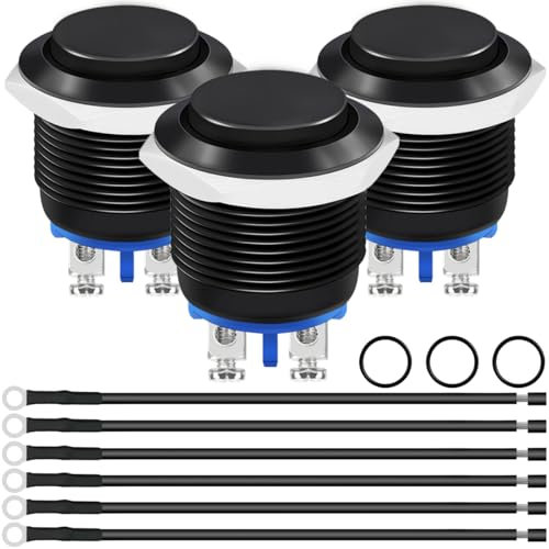 MKBKLLJY 3 STK. 19 MM Momentaner Druckknopfschalter, wasserdicht, Metall, schwarzes Gehäuse, hohe runde Kappe, EIN/AUS, 1A, 110V, 220V, 250V, AC/DC, 1A, 3V, 6V, 12V, 24V, 36V, 48V, 1 Schließer SPST