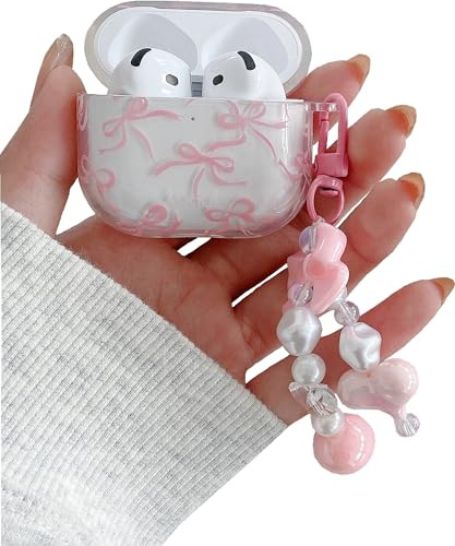 JANDM Transparente Schutzhülle für AirPods 4, mit Schlüsselanhänger, stoßfest, weich, transparent, rosa Schleife, niedliches AirPods-Schutzhülle für Damen und Mädchen