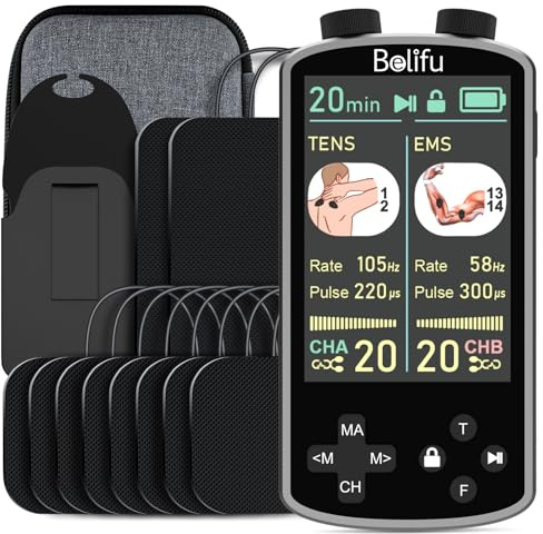 TENS EMS Unit Muscle Stimulator for Pain Relief Therapy - 4 in 1 TENS EMS Relax Custom Frequency+Pulse - Muscle Massager 36 Modes 20 Intensity, Memory & Favorites Function, 3.8 Color Display - Gray