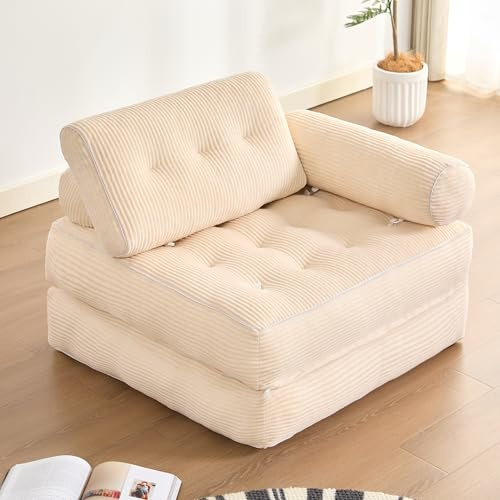 Sillón cama individual plegable con respaldo y espuma viscoelástica, sofá de suelo tipo futón convertible en colchón, ideal para salón, dormitorio u oficina (Blanco roto, 95 cm con reposabrazos)
