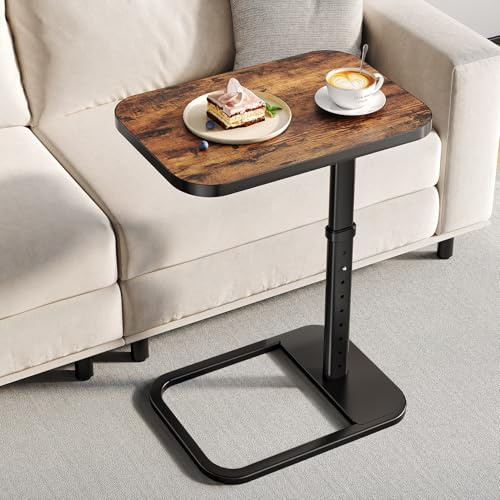 Brown TV Tray Table with 9-Level Adjustable Height, Lockable Flip-Top & Rounded Metal Corners, C Shaped Sofa Side End Table for Couch, Bed, Chair, Living Room, Snack Table for Eating, Dinner or Laptop