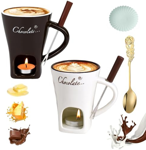 NNBWLMAEE Chocolate Fondue Mug Set, Ceramic Cheese Melting Cup with Fork and Tea Candle, Handcrafted Fondue cup, Tea Light Heating Butter Warmer, for Cheese Chocolates Butter (2pcs-3,no Candle)