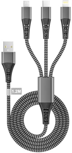 Multi Charger Cable, 3 in 1 Charging Cable 3A USB Fast Charging Cord 1.2M Nylon Braided Multi USB Cable with Micro USB Lightning Type C Cable Connector for iPhone 17 16, Android Galaxy, Huawei, Sony