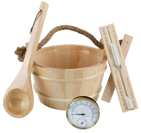 4-teiliges Sauna-Set aus Holz mit Eimer und Schöpfkelle, 4-Liter-Sauna-Zubehörset mit Eimer und Schöpfkelle, Thermometer-Hygrometer und Sanduhr für die Dampfsauna