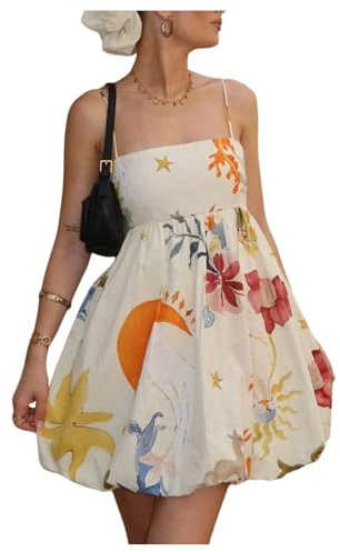 SOLY HUX Women's Summer Boho Floral Mini Dress Spaghetti Strap A Line Balloon Vacation Printed Cami Dresses Apricot Floral Large