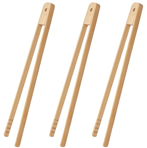 Lot de 3 pinces à barbecue en bois de hêtre de 30 cm – Pinces de cuisine en bois durable avec rainures, antidérapantes et réutilisables, parfaites pour pain, salade, rôti, cuisine et barbecue