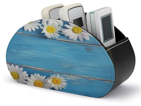 Organiseur de télécommandes en bois bleu à motif marguerite, en cuir PU, avec 5 compartiments, support pour télécommandes, boîte de rangement multifonctionnelle pour pinceaux et fournitures de bureau