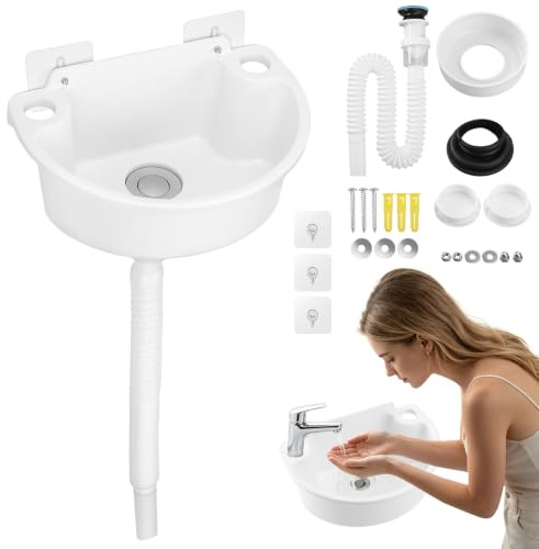 Lavandino in Plastica a Parete con Tubo e Tappo di Scarico, Bianco | Risparmio di spazio, materiale PP resistente al calore, supporta Doppie installazione, per lavandino da esterno e giardino
