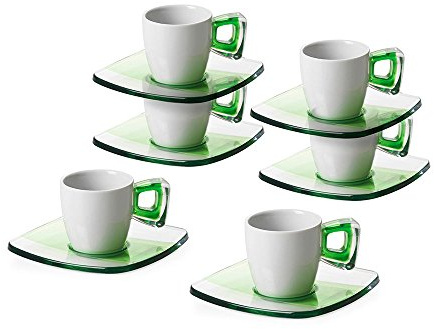 Omada Design Set di 6 Tazzine da Caffè con Manico e Piattini, in Porcellana e plastica, Lavabili in Lavastoviglie, Linea Square, Verde