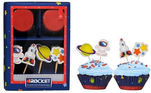 Premier Housewares Cupcake Cases and Toppers Set | 24 Baking Liners With Space Picks | Muffin Wrappers | Space-Themed Toppers For Cake Decorations | Baking Accessories For Parties