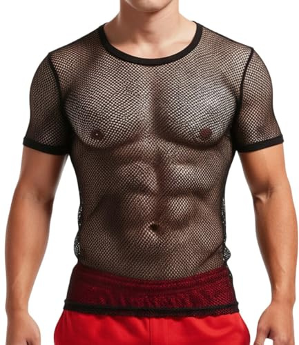 Herren Shirt 1/2 Arm transparent schwarz Netzshirt