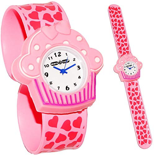 alles-meine.de GmbH 3-D Effekt - Kinderuhr/Armbanduhr - Muffin & Herzen - mit Silikon Schnapp Armband - Uhr für Kinder & Erwachsene/für Mädchen - Herzen pink Törtchen/H..