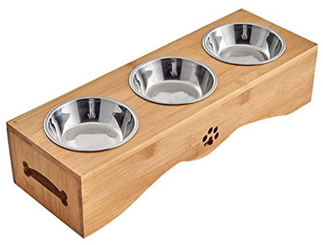 Yuncai Stainless Steel Food Water Feeding Bowls for Dog Cat Bamboo Stand Pet Triple Bowls S