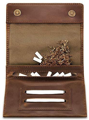 Indian Pearl Echtleder Tabaktasche mit extra Reißverschlußfach I Handgemachter Tabakbeutel I Drehertasche Leder, Tobacco Pouch, Drehbeutel, Drehtabak (Dunkelbraun/Dunkelbraun)