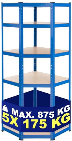 CLP Scaffale Angolare Flint in Metallo I Scaffale Portata 875 kg per Garage I Scaffale Garage Angolo 5 Ripiani, Colore:Blu, Dimensione:100x80x180 cm