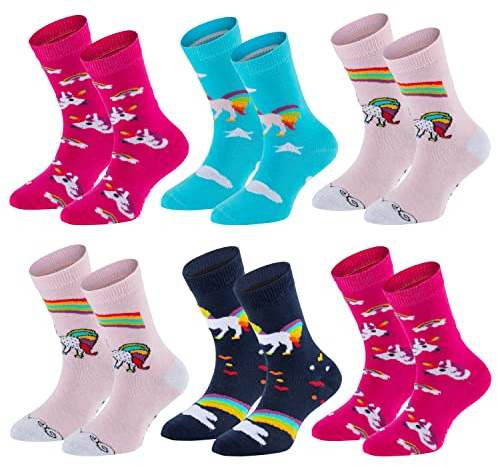 TippTexx 24 Kinder Socken, handgekettelt, 6 Paar für Mädchen/Jungen, weiche Baumwolle, viele Muster (Einhörner - Farben sortiert, 7-8 Jahre)