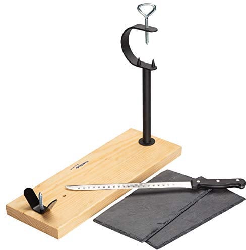 Steelblade - Schinkenhalter aus lackiertem Holz + Schinkenmesser + 2 Teller aus Naturschiefer, Schinkenhalter, robust, ideal für Schinken und Paletten
