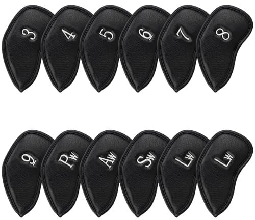 Craftsman Golf Left Handed 12pcs Thick Synthetic Leather Golf Iron Head Covers Set Headcover Fit All Brands (Black with Silver No. For Left Hand)