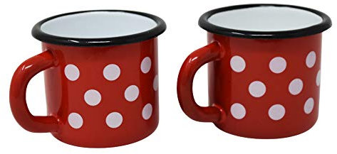 2 x 250 ml Metallbecher rot mit weißen Punkten.
