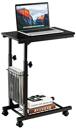COSTWAY C-Shaped Sofa Side Table, Height Adjustable Mobile Laptop Desk Coffee End Table with Storage Basket, Shelf and Wheels, Snack Overbed Table for Living Room Bedroom Balcony (Black)