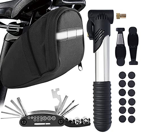 MASPODER Bolsa Bicicleta Sillin, Kit Herramientas Bicicleta, con Bomba de Aire Bicicleta Portatil, Kit Parches Bicicleta Autoadhesivo Reparación Neumáticos para MTB Bici Carretera Montaña (BASIC PLUS)