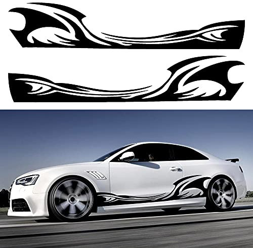 TOMALL 2 Stück 209 cm x 39 cm Wave Flame Graphic Car Body Side Flame Racing Sport Stripes Aufkleber für Auto Universal Vinyl Wasserdicht Aufkleber Dekoration Zubehör für LKW SUV Off-Road (Schwarz)