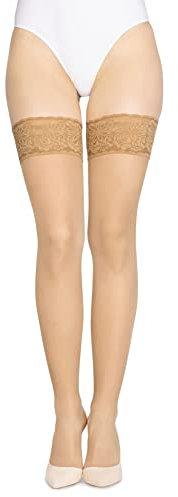 LORES Calze autoreggenti velate italiane con balza in pizzo e doppio silicone invisibile 30 DEN, Visone XL/XXL