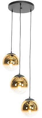 QAZQA - Art Deco Art Deco Hängelampe I Pendellampe I Pendelleuchte schwarz mit Gold I Messingglas rund 3-flammig - Pallon I Wohnzimmer I Schlafzimmer - Kugel I Kugelförmig I Länglich - LED geeignet E2