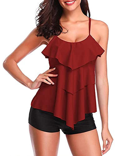 SEDEX Swimming Costume Women 2 Piece Tankini Swimsuit Sets V Neck Push up Halter Ruffle Tummy Control Sport Swimsuits Ladies Elegant Swimwear Monokini Beachwear Bathing Suit Top Boyleg Shorts,Red XL