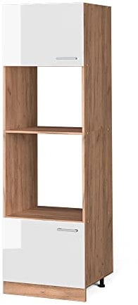 Vicco Armoire Micro-Ondes R-Line, Blanc Haute Brillance/Chêne de Force doré, 60 cm