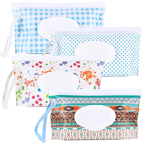 4 Pièces Pochettes de Lingettes Humides, Sac à Lingettes Mouillées, Distributeur Pochette Boîte de Rangement de Lingettes Humides Réutilisable Portable pour Bébé Lingettes