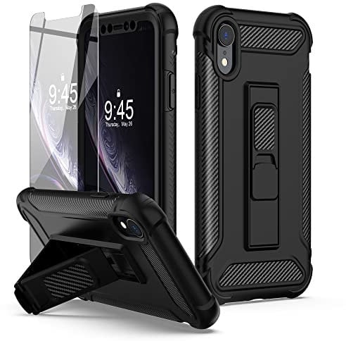 ORETECH 5-in-1 Schutzhülle für iPhone XR - Militärschutz Stoßfest Ganzkörperschutz mit 2 Schutzfolien, Ständer, Schwarz
