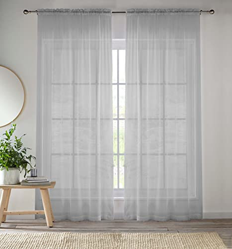 Enhanced Living Silver Voile Curtains for Living Room Panel Pair - 57 Wide x 48 Drop - Plain Woven Slot Top Sheer Curtains (57x48) 145x122cm