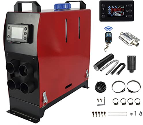 5KW Standheizung Diesel, 12V Diesel Standheizung mit Schalldämpfer, LCD Schalter u. Fernbedienung, Luftheizung Air Diesel für Wohnmobil Auto KFZ PKW LKW Wohnwagen Boot,Rot,4 Holes