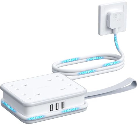 NTONPOWER 4 Way Extension Lead with USB Slots（3 USB-A Ports）, Wall Mounted Extension Lead with 3250W 13A 1.6M Extension Cord, Multi Plug for Home Office