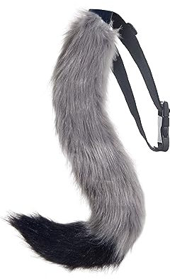 Fuchsschwanz, Tierschwanz Kunstfell Wolfsschwanz Kostüm Schwanz Halloween Kunstpelz Cosplay Einstellbare pelzigen Fuchsschwanz Kostüm für Kinder, Mädchen, Party, Faschingskostüm (Grau & Schwarz)