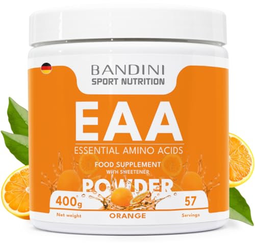 Bandini® EAA Essential Amino Acids | 400 g Powder | 9 Fermented Essential Aminoacids EAAs + BCAAs 211 & Vitamin B6 | Muscle Growth & Recovery | Intra, Pre & Post Workout | Vegan, Orange Flavour