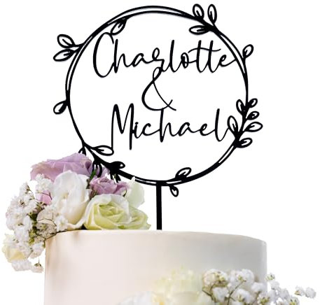Wedding Cake Topper, Personalised Circle Flowers Acrylic Cake Decor, Gold Cake Topper, Engagement Gift, Rustic Cake Decoration