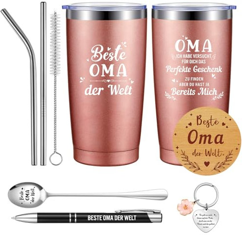 Blulu Set de 5 Regalos de Beste Oma Taza de Café Térmica de 600 ml Vaso de Viaje de 20 oz Cuchara de Abuela Portavasos Llavero de Abuela Bolígrafo Grabado Regalos desde Nietos para Navidad Cumpleaños