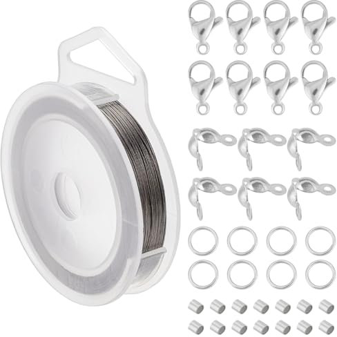 BENECREAT Filo per Perline A 300 fili In Acciaio Inossidabile Da 0.3 m 7 mm con 200 perline A Crimpare, 100 punta per Perline, 30 fermaglio per Artiglio di Aragosta e 200 anelli