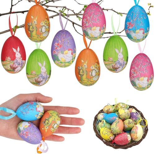 Norhogo 12 bunte Ostereier aus Pappmaché, Oster-Baumschmuck mit Band, Osterbasteln für Kinder, DIY-Heimdekoration, Osterei für 5 x 7 cm, zufällige Mischung von Küken und Kaninchen