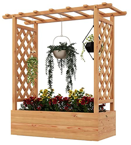 GYMAX Fioriera per Interni ed Esterni con Traliccio Superiore e Laterale, Letto per Orto Rialzato con Traliccio, per Patio Giardino Balcone, 100 x 44 x 113,5 cm (Rosso Arancio)